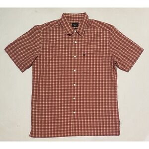Quiksilver Shirt Mens Size Medium Orange Red Plaid Check Button Up Short Sleeve